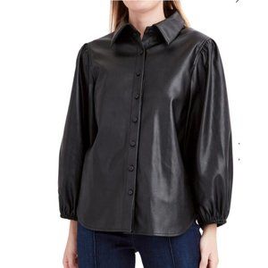 BCBGeneration S Black Faux Vegan Leather Top Blouse‎ Button Front Goth Steampunk